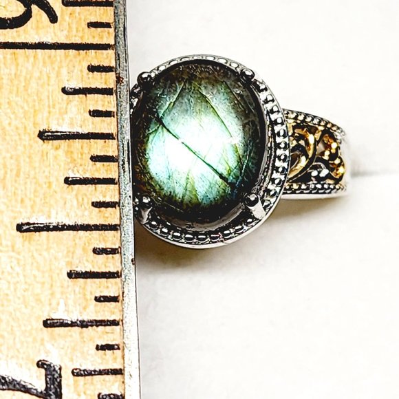 Labradorite solitaire ring in 18K YG & Platinum plated Brass sz 8 5.85 cts - Picture 3 of 6